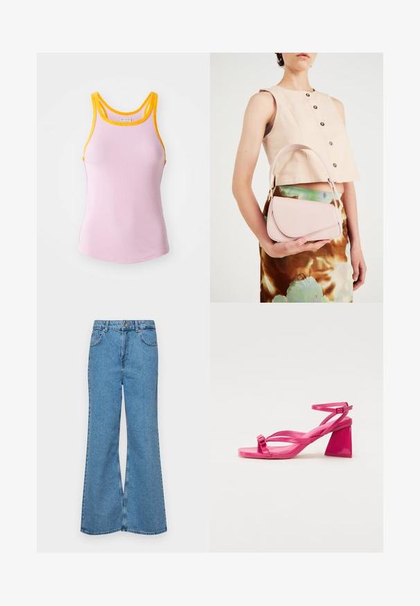Canottiera rosa a costine con rifiniture gialle, caratterizzata da un design aderente e uno stile con schiena scoperta. Tessuto morbido con leggera elasticità per il massimo comfort.; Jeans svasati di un blu chiaro, realizzati in denim, con vita alta, cinque tasche e chiusura a un bottone. Morbido al tatto con una finitura scolorita.; Sandali con tacco in pelle verniciata rosa, con punta quadrata, cinturini stretti e un tacco a blocco geometrico. Presentano un dettaglio con fibbia sul cinturino.; Borsa in pelle rosa con pattina curva, tracolla singola e linee pulite. La borsa presenta una texture liscia e un design minimalista.