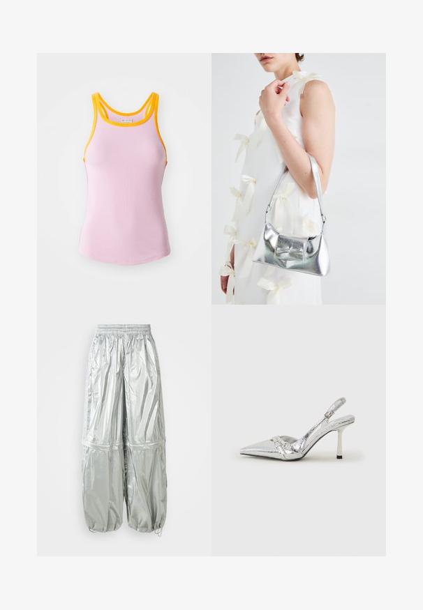 Rosa ribbet tank topp med gul kant, med en tettsittende design og racerback-stil. Myk tekstur med subtil strekk for komfort.; Sølv lette cargo-bukser med en skinnende tekstur, elastisk talje, rynkede manchetter og to store frontlommer.; Sølv slingback høyhelte sko med spiss tå, metallisk finish, to dekorative stropper, og en slank hæl med svart tupp.; Sølvmetallisk håndveske med en strukturert form, med en topphåndtak og sløyfedetalj foran. Glatt tekstur, reflekterende overflate.