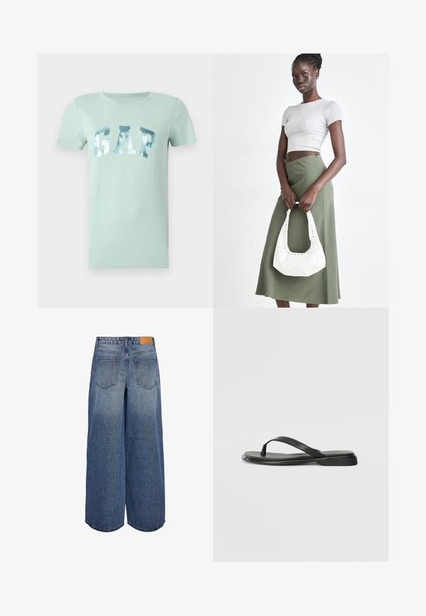 Mint green cotton t-shirt featuring a silver metallic "GAP" logo, short sleeves, and a crew neckline. Smooth texture and casual fit.; Wide-leg denim culottes in medium blue wash with a faded texture, featuring two back pockets and a brown leather brand tag on the waistband.; Black flip-flop made of smooth leather, featuring a thin strap design and a flat sole with a minimal profile. No notable patterns or accents.; Gray ribbed crop top and olive green high-waisted skirt. Model holds a white shoulder bag with cut-out detailing. Simple design, fitted silhouette.