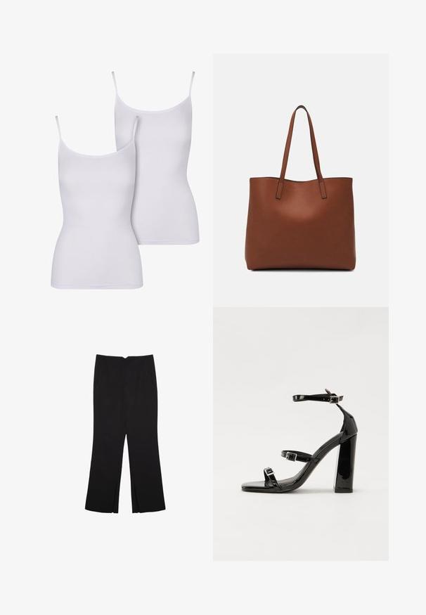 Zwei weiße Camisole-Tops mit dünnen Trägern, aus glattem Stoff, mit einem taillierten, ärmellosen Design und einer einfachen, einfarbigen Optik.; Schwarze Hose mit geradem Schnitt, ausgestattet mit Fronttaschen und Seitenschlitzen am Saum. Hergestellt aus weichem, glattem Stoff. Geeignet für verschiedene Anlässe.; Schwarze patentierte Sandalen mit Absatz, quadratischer Spitze, Knöchelriemen und silbernen Schnallen. Mit einem stabilen Blockabsatz für mehr Stabilität.; Braune Leder-Tote mit glatter Textur, offenem Oberteil und zwei Schulterriemen. Verfügt über minimale Nähte und keine sichtbaren Beschläge.