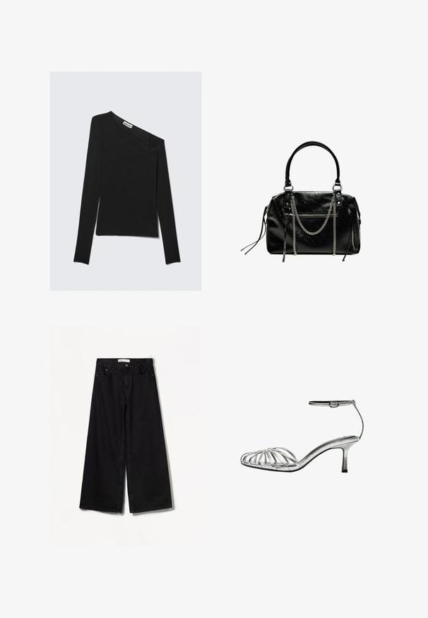Asymmetrical black long-sleeve top with a single off-shoulder design. Features a smooth knit texture and a discreet brand label at the neckline.; Bershka WIDE-LEG - Wide Leg - black; Silver strappy sandal with a low heel, featuring multiple crisscross straps, an ankle strap with a buckle, and a smooth, shiny texture.; Bershka WITH CHAIN - Handbag - black