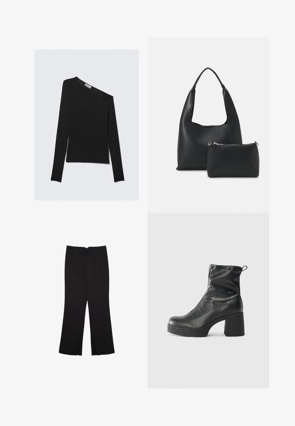 Asymetrický černý top s dlouhým rukávem a jedním ramínkem odhaleným. Má hladkou pletenou strukturu a diskrétní značkovou etiketu na výstřihu.; Černé kalhoty s rovným střihem, s předními kapsami a bočními rozparky na lemu. Vyrobené z jemné, hladké tkaniny. Vhodné na různé příležitosti.; Černé kotníkové boty vyrobené z hladké kůže, s bočním zipem, robustním strukturovaným podpatkem a kulatou špičkou.; Even&Odd Kabelka - black