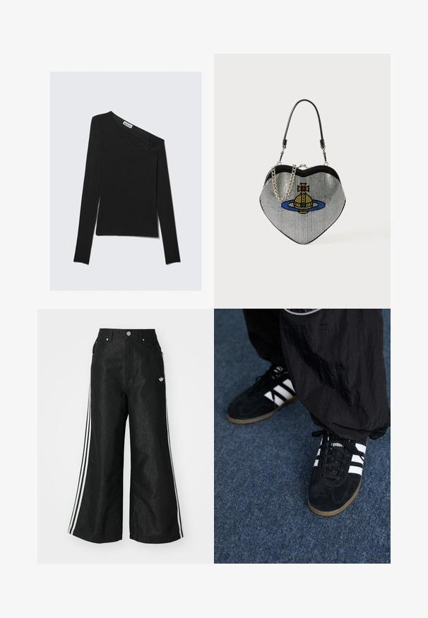Asimetrična črna majica s dolgimi rokavi in enostranskim dizajnom brez ramena. Ima gladko pleteno teksturo in diskretno blagovno znamko na izrezu.; Črne široke jeans hlače z dvema belima črtama na vsaki strani in majhnim belim logotipom. Imajo sprednje žepke in zapiranje na gumb.; Črne športne superge iz nobel antilopa z tremi belimi črtami in črnimi vezalkami. Delno so vidne tudi teksturirane črne hlače ob čevljih.; Torbica v obliki srca, narejena iz mrežastega materiala z metalnim zaključkom, z motivom mačka in planeta v modri, rumeni in rdeči barvi. Vključuje verižni ročaj.