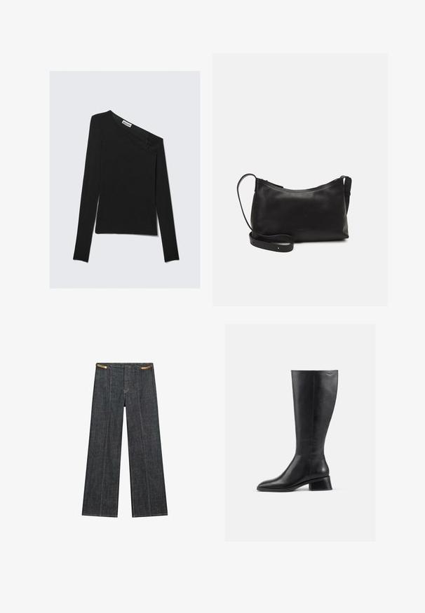 Asymmetrical black long-sleeve top with a single off-shoulder design. Features a smooth knit texture and a discreet brand label at the neckline.; Dark wash denim wide-leg trousers with a high waist. Features visible stitching, a button closure, and a unique chain accent at the waist.; Knee-high black leather boot with a rounded toe and low, block heel. Features a smooth texture and minimal stitching detail.; Black leather shoulder bag with a smooth texture, curved shape, adjustable strap, and a zip closure. Minimalist design without embellishments.