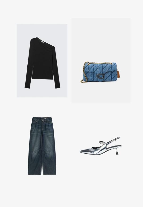 Asymmetrisch zwart lang mouwtop met een enkele off-shoulder ontwerp. Beschikt over een gladde brei-textuur en een discreet merkembleem bij de halslijn.; Wijde, donker denim jeans met een vervaagd patroon, zichtbare stiksels, voorkanten en een ritsopening.; Zilveren, gepatenteerde leren slingback schoenen met een spitse neus, verstelbare enkelband en een lage blokhak. Kenmerkt zich door een uitsnijdingen ontwerp en een strakke afwerking.; Blauwe gewatteerde denim schoudertas met een gouden kettingstrap en een opvallend gouden logo accent op de voorkant. Compact rechthoekig van vorm.