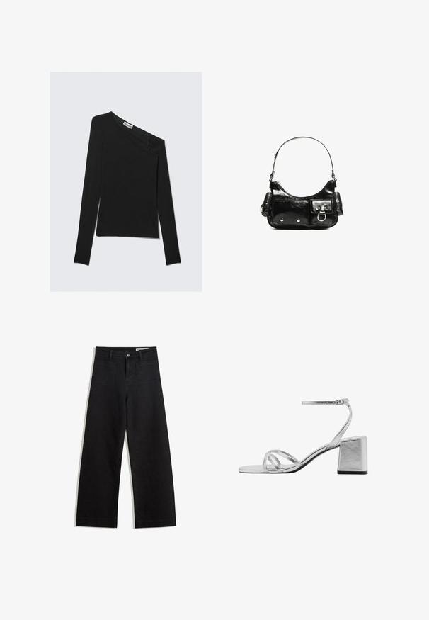 Asymetrický čierny top s dlhým rukávom a jedným ramienkom. Má hladkú pletenú textúru a diskrétnu značkovú štítok na výstrihu.; Čierne denimové nohavice s širokými nohavicami a vysokým pásom, so prednými a zadnými vreckami, šitými švami a zapínaním na gombík. Hladká textúra.; Strieborné sandále na blokovom podpätku s tenkými krížovými remienkami a nastaviteľným remienkom okolo členka. Hladký kovový povrch.; Čierna laková kožená kabelka s ohnutým tvarom, jedným ramenným popruhom, prednými vreckami a striebornými kovovými doplnkami.