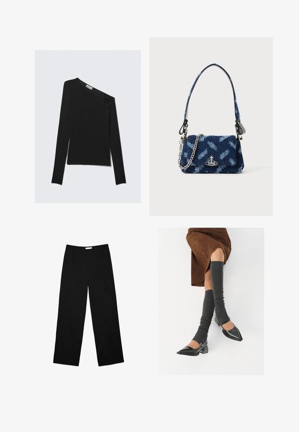 Asümmeetriline must pikkade varrukatega topp ühe õlavarre eksklusiivse disainiga. Omab sujuvat kudumise tekstuuri ja diskreetset brändi silti kaela ümber.; Mustad jala püksid mustast kangast, millel on sile tekstuur, puhas disain ja diskreetne külgprusik sulgemiseks.; Mustad patsaline odav värviga kingad, millel on kreen ja pahkluuring, on paaritatud hallide ribakudumitega sääremiidega ja pruunist nahast seelikuga.; Tumesinise kangaga käekott, millel on tekstuuriga disain, hõbedased detailid ning eemaldatav kettrihm. Omab klapiga sulgemist ja logo aktsenti.