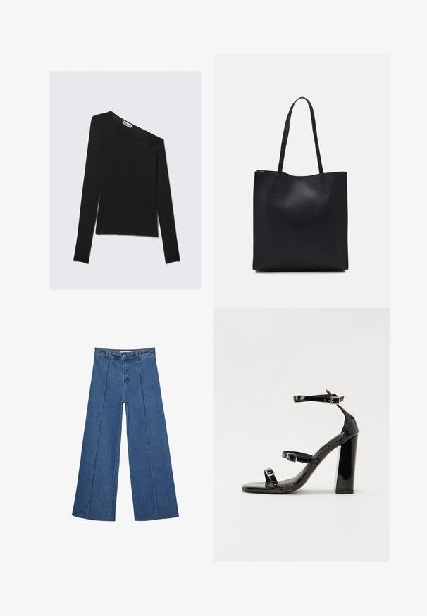 Asymmetrisk svart långärmad topp med en ensam design som går över axeln. Har en mjuk stickad textur och en diskret logotyp vid halsringningen.; Vidbenade denimjeans i medelblått, med hög midja, knäppning och kontrasterande vertikala sömdetaljer längst fram.; Svarta lackerade högklackade sandaler med två spännband, fyrkantig tå och en tjock klack, med en slät och glansig yta.; Svart lädertoffelväska med slät textur, rektangulär form och två långa handtag. Ingen synlig hårdvara eller dekorationer.