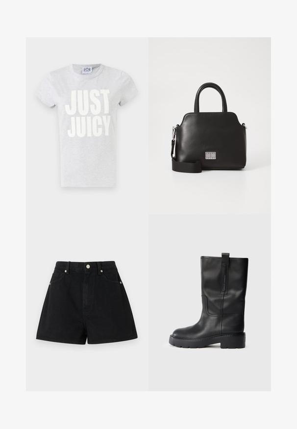 Pelēks kokvilnas T-krekls ar īsām piedurknēm un apaļu kakla izgriezumu. Priekšpusē lieli balti burti "JUST JUICY".; Melna džinsu šorti ar augstu jostasvietu, piecām kabatām, sudraba piederumiem un standarta piegriezumu, kurus raksturo gluda tekstūra un kvalitatīva apdare.; Melnas ādas līdz ceļiem augstas zābaki ar elegantu dizainu, kas iezīmē biezus zole un sānu cilpu, lai ērtāk uzvilktu. Ievērojamas šuvju akcenti.; Melna sintētiska soma ar augšējiem rokturiem, noņemamu plecu siksniņu, apaļu formu, gludu tekstūru un sudraba logotipa akcentu priekšpusē.