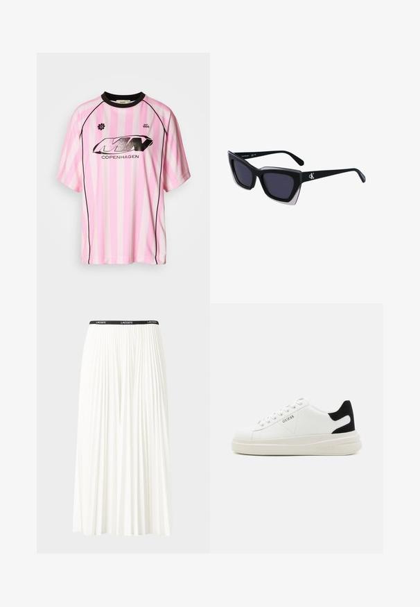 Rosa och vita randiga kortärmade tröja i jersey med svarta detaljer, utrustad med en glänsande svart logotyp som står "COPENHAGEN" och en blom-symbol.; Fälld vit kjol med svart elastiskt midjeband som har "LACOSTE"-logotypen. Mittenlång design med mjuk textur.; Vita lädersneakers med en tjock vit sula, svartsuede hälaccent och präglad logotyp på sidan. Snörningsdesign med sex öglor.; Svart överdimensionerade solglasögon med geometrisk form, med mörka linser och en kontrasterande grå detalj på ramen. Logotyp på bygeln.