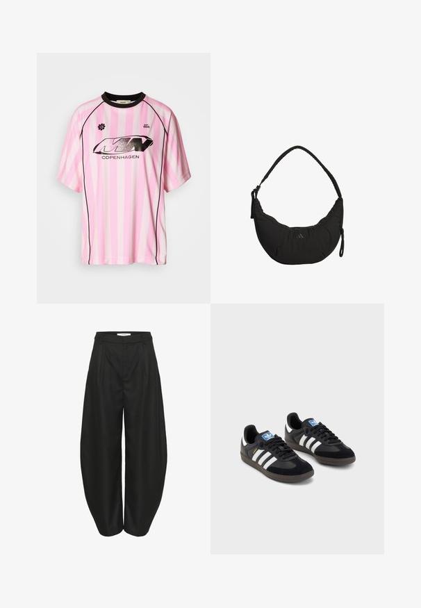 Jersey de manga corta a rayas rosas y blancas con detalles en negro, que presenta un logo negro brillante con la inscripción "COPENHAGUE" y un emblema de flor.; Pantalones de pierna ancha de talle alto en negro con pliegues, presillas para cinturón y cierre frontal oculto, diseñados por Gestuz.; Zapatillas negras con un upper de ante y sintético, con tres rayas blancas, suela de goma texturizada y etiqueta de logo azul en la lengüeta.; Bolso negro de hombro con un diseño curvado, tejido acolchado, correa ajustable y un logotipo sutil. Cuenta con un compartimento con cremallera y acentos texturizados.