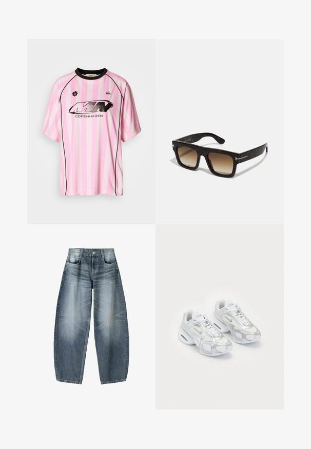 Roze en witte gestreepte kortademige trui met zwarte accenten, voorzien van een glanzend zwart logo met de tekst "COPENHAGEN" en een bloemenembleem.; Wijd gesneden jeans van lichtblauwe denim met vervaging, met een vijf-pocket ontwerp, knoopsluiting en minimale stikdetails.; Witte sportieve schoenen met een bovenwerk van mesh en zilveren accenten, in een unieke vorm en met luchtkussen in de hiel. Gespannen ontwerp met logo.; Schildpad zonnebril met een vierkant frame, een verloop van bruine lenzen en subtiele gouden hardwareaccenten op de slapen.; Blauwe gewatteerde denim schoudertas met een gouden kettingstrap en een opvallend gouden logo accent op de voorkant. Compact rechthoekig van vorm.
