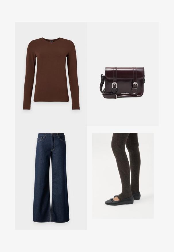 Hosszú ujjú barna pamut póló kerek nyakkal. Simább textúrával és testhezálló szabással, minimális varrással, minta vagy díszítés nélkül.; Sötét kék farmer széles lábú nadrág. Kontrasztos varrással, öt zsebhálóval és gombos derékzárással rendelkezik. Simás textúra.; Fekete lapos cipők kis masni díszítéssel az orrán, sötétbarna bordázott harisnyával párosítva. A cipők sima textúrával és alacsony profilúak.; Burgundy lakkbőr keresztpántos táska téglalap alakú, két pánttal, ezüst színű szerelvényekkel és fedélzárral.