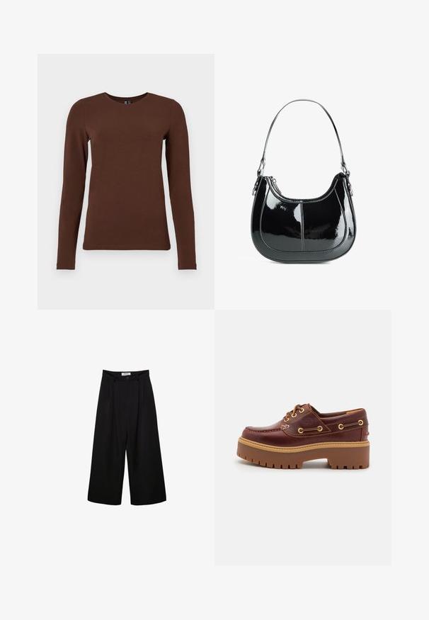 Dolga rukava rjava bombažna majica s krožnim izrezom. Gladka tekstura in prilegajoč kroj z minimalnimi šivi ter brez vzorcev ali akcentskih detajlov.; Črne široke hlače s visokim pasom, sploščeno spredaj in gumbom za zapiranje. Narejene so iz gladkega materiala s krojem po meri.; Rjavi usnjeni čolnar s debelim rjavim gumijastim podplatom, zlatimi luknjicami in kontrastnim šivom. Ima logotip na strani.; Črna patentna usnjena torbica s ukrivljenim dizajnom, zadrgo in eno naramnico, ki ima kovinske dodatke srebrne barve in šive.