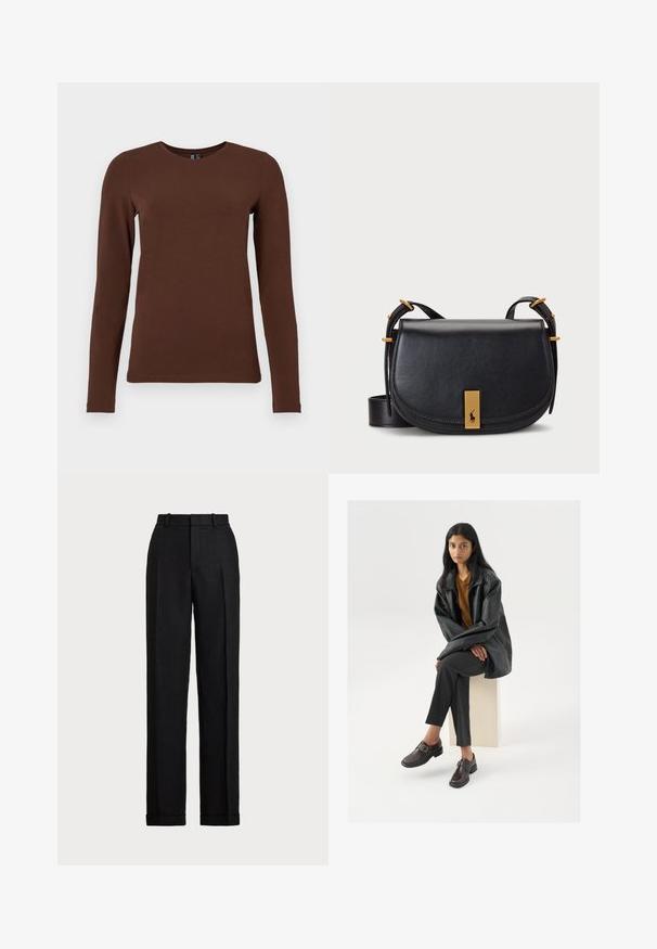 Brązowa bawełniana koszulka z długim rękawem i okrągłym dekoltem. Gładka faktura i dopasowany krój z minimalną ilością szwów oraz bez wzorów czy akcentów.; Czarne, wysokie spodnie z lnu. Posiadają proste nogawki, wprasowane załamania i mankiety na dole. Brak widocznych kieszeni i zapięć.; Czarna skórzana oversizowa kurtka, pomarańczowy top, szare dopasowane spodnie i brązowe buty na klamrę, siedząca na jasnym bloku na białym tle.; Czarna skórzana torba na ramię o zaokrąglonym kształcie, z elementami w kolorze złotym oraz detalem z przodu z logo. W zestawie regulowany pasek.