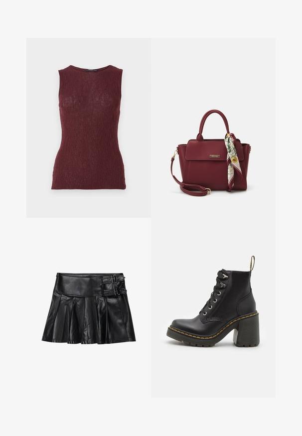 Burgunderfarget ermeløs topp laget av teksturert stoff med en subtil ribbestruktur, med rund halslinning og en tettsittende design.; Svart skinnskjørt med folder, bred midje og to spenne-detaljer på siden. Glatt tekstur med en blank overflate.; Sorte svarte lær ankelstøvler med kraftig høy hæl, snøring foran, metallhull og gule sømmer langs sålen. Teksturert gummisåle.; Burgunderfarget håndveske laget av syntetisk materiale med en strukturert design, som har en avtagbar stropp og et blomstermønstret skjerf knyttet til håndtaket.