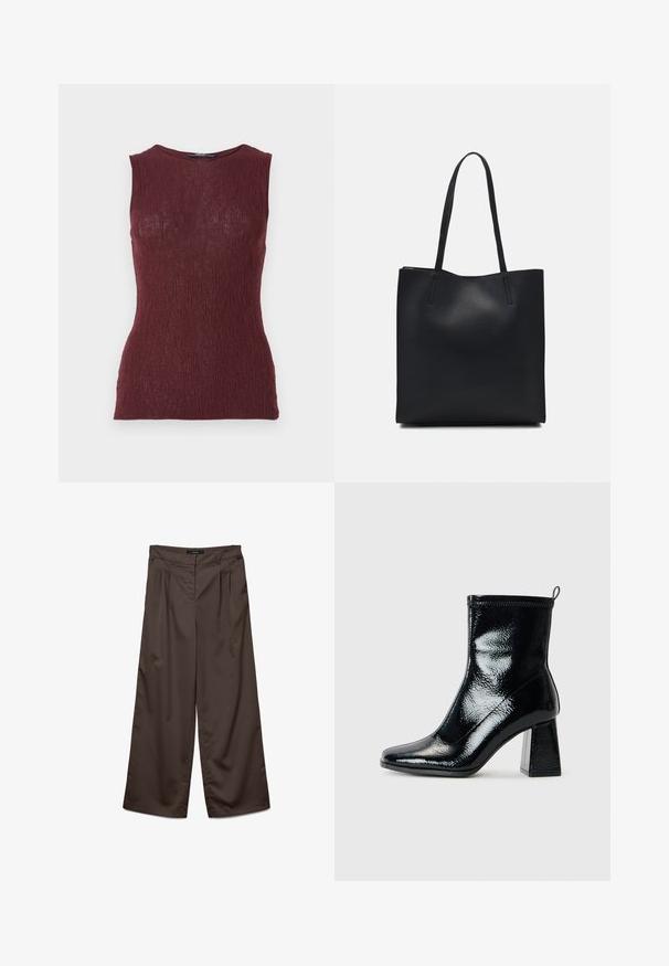 Bordo bezrukavni top napravljen od teksturirane tkanine sa suptilnim rebrastim uzorkom, s okruglim izrezom i prilagođenim dizajnom.; Široke hlače od tamnosmeđeg materijala s glatkom teksturom. Karakteristike uključuju nabore sprijeda i standardni pojas.; Crne lakirane čizme do gležnja sa četvrtastim prstom i masivnom geometrijskom petom. Imaju glatku, sjajnu teksturu i stražnju traku za lakše obuvanje.; Crna kožna torba za nošenje s glatkom teksturom, pravokutnim oblikom i dvije duge ručke. Nema vidljivih metalnih dijelova ili ukrasa.