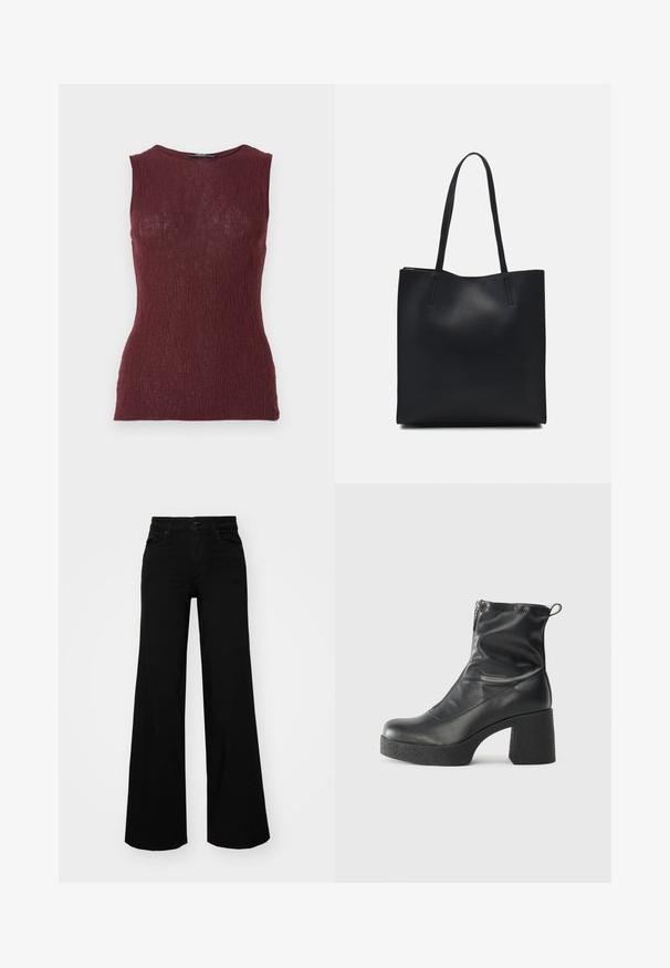 Burgundy sleeveless top made of textured fabric with a subtle ribbed pattern, featuring a rounded neckline and fitted design.; Black wide-leg pants made of denim, featuring a structured waistband, belt loops, and front pockets. Smooth texture with a classic design.; Black ankle boots made of smooth leather, featuring a side zipper, chunky textured heel, and rounded toe design.; Black leather tote bag with smooth texture, rectangular shape, and two long handles. No visible hardware or embellishments.
