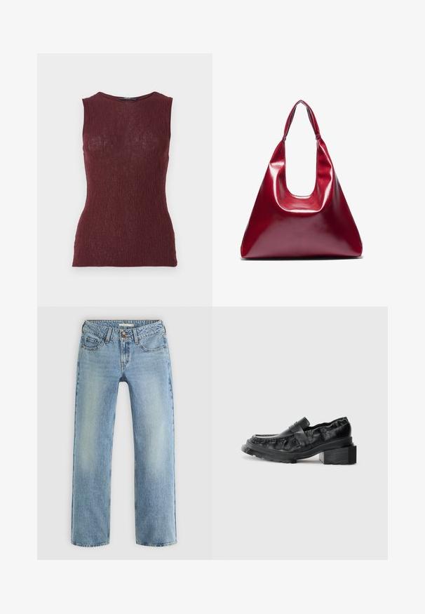 Top sin mangas color burdeos, hecho de un tejido texturizado con un sutil patrón de rayas, que presenta un escote redondeado y un diseño ajustado.; Jeans de pierna recta de color azul claro, confeccionados en denim, con cierre de botón, cinco bolsillos y un ligero desgastado a lo largo de las piernas.; Mocasines de cuero negro con una suela estructurada, que presentan un tacón cuadrado ligeramente elevado y una parte superior texturizada, asegurados por una correa frontal.; Bolso de piel sintética rojo brillante con forma triangular, abertura superior amplia y un asa curva. Textura suave con detalles de costura mínimos.; Conjunto de doce pendientes de aro en tonos plateados y dorados. Incluye diseños retorcidos, lisos y texturizados en varios tamaños y acabados.