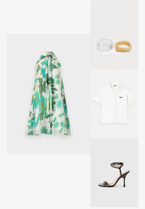Bílá polo košile s krátkým rukávem, s černým křídlem na levém prsu a klasickým límečkem. Hladká tkanina.; Květinové šaty s halter krkem, bílý podklad a živé modro-zelené květinové vzory, měkká tkanina a vrstvený design.; Černá lakovaná kožená sandál s vysokým podpatkem, tenkým páskem kolem kotníku a sponou, otevřenou špičkou a štíhlým jehlovým podpatkem na bílém pozadí.; Průhledné a jantarové prsteny z pryskyřice, jeden hladký a transparentní, druhý s texturovaným jantarovým povrchem. Oba mají zaoblené, robustní tvary.