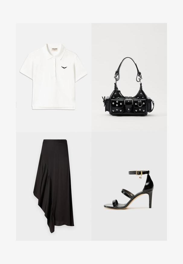 Bela polo majica s kratkimi rokavi, ki ima črni logotip ptice na levi strani prsnega koša ter klasičen ovratnik. Gladek material.; AERON ASTER SKIRT - Ozko oprijeto krilo - black; Črne lakirane sandale s tremi trakovi, zaponko okoli gležnja in 10-centimetrsko stiletto peto. Imajo detajle iz zlatega kovanja in logotipni čar.; Črna usnjena torbica s ukrivljenim dizajnom, ki vsebuje srebrne žebljičke, zaponko in dve stranski žepki. Nastavljiv trak za različne možnosti nošenja.