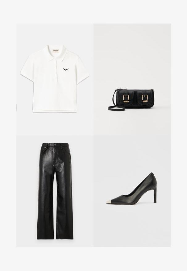 Bijela polo majica kratkih rukava, s crnim logotipom u obliku krila na lijevoj strani prsnog koša i klasičnim ovratnikom. Glatka tkanina.; Crne hlače ravnih nogavica od kože s sjajnim završetkom, s prednjim džepovima, patentnim zatvaračem i kopčanjem na gumb. Glatka tekstura na cijelom predmetu.; Crna kožna cipela s visokim potpeticama, špicastim vrhom i metalnim srebrnim vrhom. Ima glatku završnu obradu i tanku petu visine 10 cm.; Crna kožna torba preko ramena s dva prednja džepa, zlatnim kopčama, zatvaranjem na zip i uskim remenom. Teksturirana površina i kompaktan pravokutan oblik.