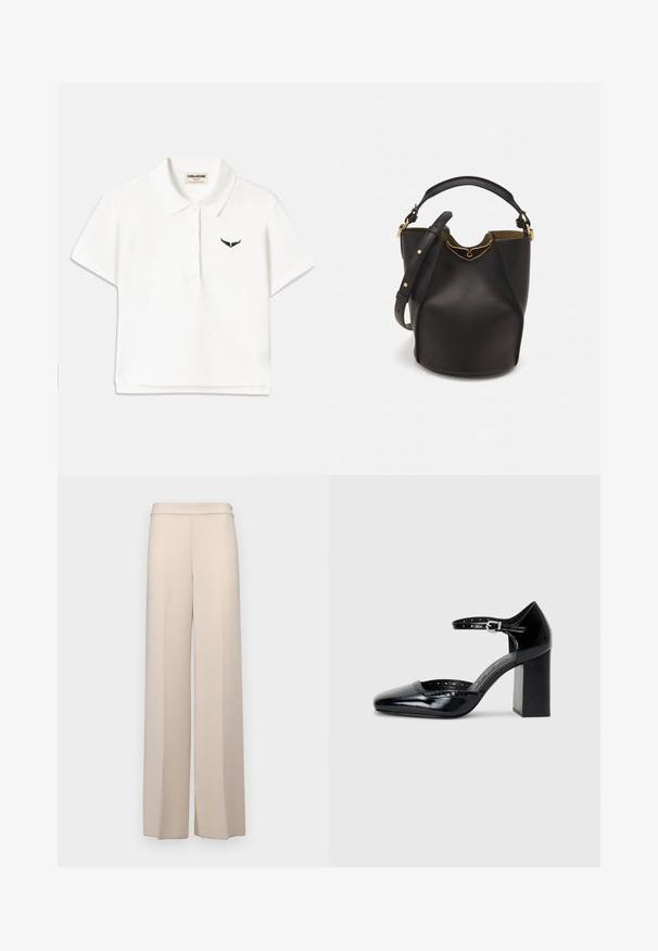 Balta trumpa rankovėmis polo marškinėliai, kuriuose kairėje krūtinėje yra juodas sparno logotipas ir klasikinis apykaklės iškirpimas. Lygi medžiaga.; Šviesiai rudos spalvos plačios kelnės iš lygaus audinio, su aukštu liemeniu ir subtiliomis priekinėmis raukiėmis. Be kišenių ar matomų detalių.; Juodos lakuotos aukštakulnės bateliai su kvadratine nosimi, kulkšnies dirželiu ir masyviu kulnu. Apima perforuotus detalizavimus aplink kraštą.; Juodas odinis kibiro tipo krepšys su tekstūruotu paviršiumi, auksiniais detalėmis ir atvira viršūne. Yra trumpa rankena ir reguliuojama petneša.