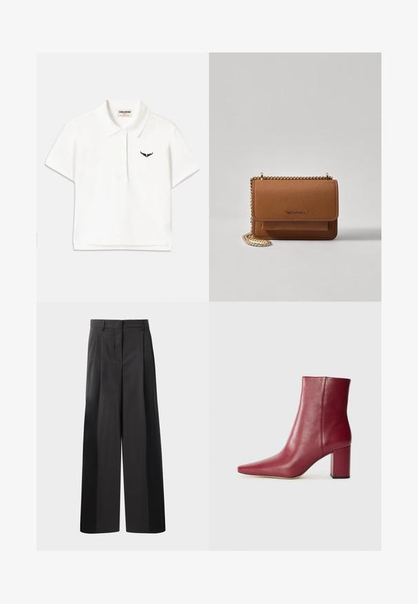 Balts polo krekls ar īsām piedurknēm, ar melnu spārnu logo kreisajā krūtī un klasisku apkakli. Glidejoša auduma.; Melni platajā kājās bikses ar augsto jostasvietu, kas ar priekšējiem krokām, gludu tekstūru un pielāgotu apdari. Veidotas relaksētai piegrieztei.; Burgundijas ādas potītes zābaki ar smailo purngalu, koka papēdi un gludu tekstūru, ar bezšuvju dizainu, bez redzamām detaļām.; Brūna teksturēta ādas plecu soma ar zelta ķēdes siksnu un atloka aizdari. Priekšpusē ir logotipa detaļa un kabata zem atloka.