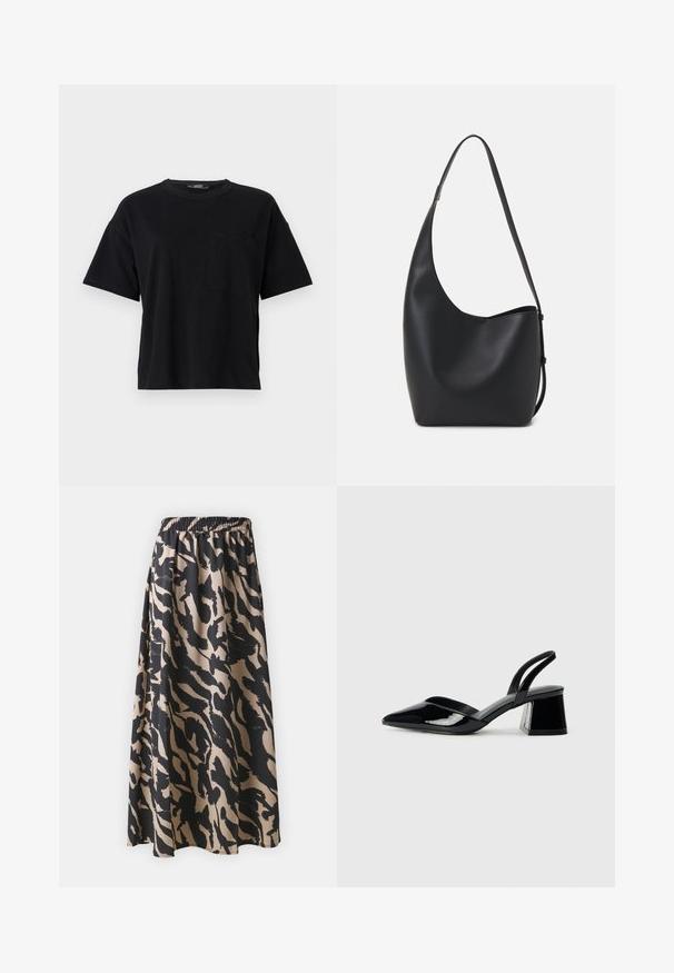 Zwarte katoenen t-shirt met een ronde hals, korte mouwen en een borstzakje links. Heeft een relaxte pasvorm en gestikte zomen.; Zwarte en beige lange rok met een elastische tailleband, voorzien van een abstract dierenprintpatroon en een vloeiende silhouet.; Zwarte gepatineerde leren slingback hakken met een spitse neus en een geometrische blokhak. Kenmerkt zich door een slank, minimalistisch ontwerp en een gladde textuur.; Zwarte leren hobo tas met een gladde textuur, kromme vorm en een enkele verstelbare schouderband; heeft een brede opening aan de bovenkant.