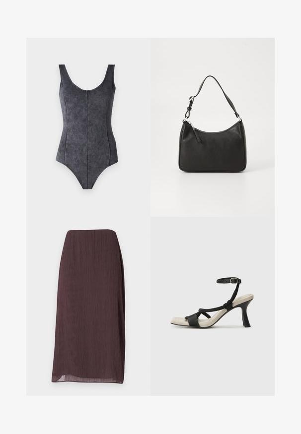 Svart ensfarget badedrakt med scoop-hals, brede stropper og et glatt, strukturert stoff. Har vertikale sømmer for en strukturert passform.; Mørkebrune, knelengde skjørt laget av lett, krøllet stoff. Har en rett fasong med en subtil glans og ingen synlig hardware.; Sorte helårs sandaler med flettet stroppesdesign, firkantet tå og justerbar ankelrem. Lys beige fotseng med glanset svart hæl.; Svart lærveske med en buet form, en enkelt stropp, glidelåslukking og subtil merkevarebygging på forsiden. Glatt tekstur, minimalistisk design.