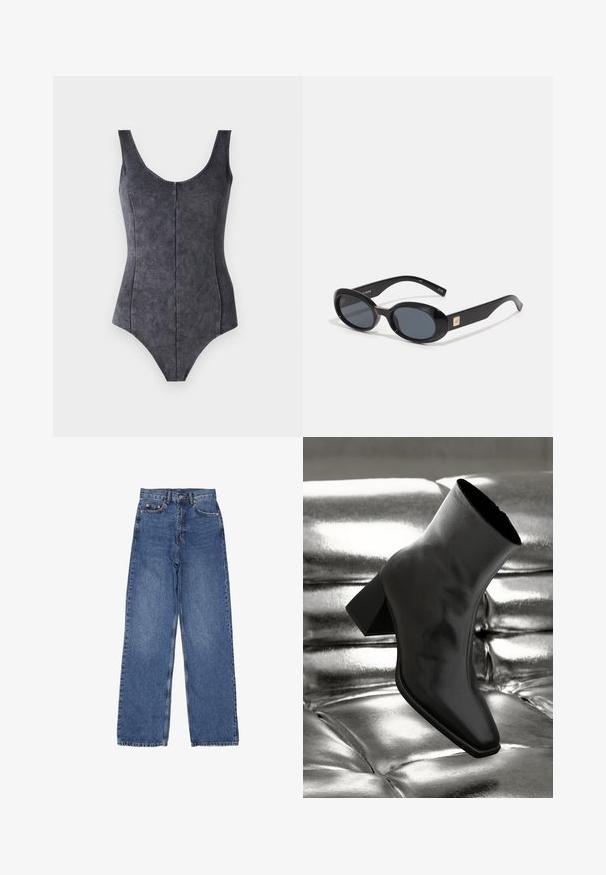 Bañador negro de una pieza con escote redondo, tirantes anchos y una tela suave y texturizada. Presenta costuras verticales para un ajuste estructurado.; Jeans de mezclilla con cintura alta y piernas anchas, con un lavado azul clásico, costuras visibles y herrajes metálicos en el bolsillo frontal.; Botín negro de tobillo hecho de material brillante, con punta cuadrada y tacón cónico, contra un fondo plateado brillante con almohadillado.; Gafas de sol negras en forma ovalada con lentes oscuros, montura de plástico brillante, brazos anchos y un pequeño acento dorado en un lado.