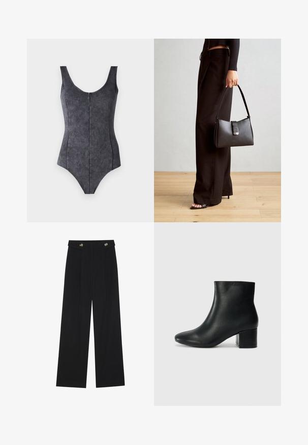 Svart ensfarget badedrakt med scoop-hals, brede stropper og et glatt, strukturert stoff. Har vertikale sømmer for en strukturert passform.; Svart vide bukser med høy midje, knappdetaljer på midjebåndet og frontplisser.; Sorte skinn ankelsko med spiss tå og chunky hæl. Glatt tekstur med minimale detaljer og et elegant, tettsittende design.; Svart håndveske med strukturert form, jevn tekstur og metallisk lås. Kombinert med brede svarte bukser og sandaler med åpen tå på tregulv.