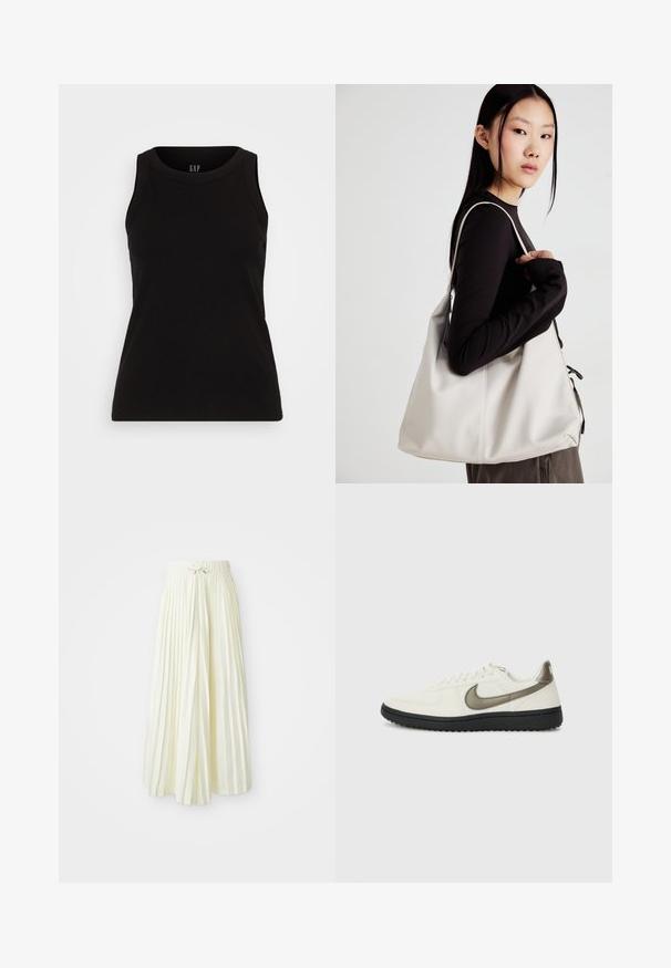 GAP HIGH NECK TANK - Felső - black; Redőzött midi szoknya világos sárga szövetből, rugalmas derékkal és megkötővel, sima textúrával és függőleges csíkokkal a részletek kiemelésére.; Nike Sportswear FIELD GENERAL - Sportcipő - off-white/black; Puha anyagból készült bézs kézitáska, laza dizájnnal, varrott részletekkel és két vállpánttal. Mindennapi használatra alkalmas.