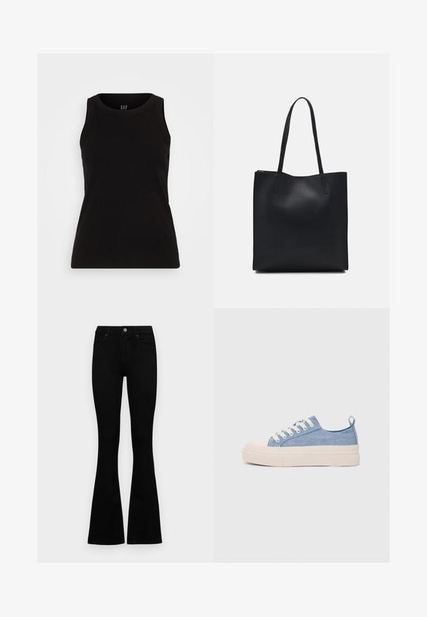GAP HIGH NECK TANK - Top - black; Jeans negri cu talie înaltă, cu închidere prin nasture și fermoar, buzunare frontale și picioare evazate, așezați pe un fundal alb.; Sneakers din pânză de culoare albastru deschis, cu vârf și talon din cauciuc crem, având șireturi albe și un maner pe călcâi.; Geantă tote neagră din piele, cu textură netedă, formă rectangulară și două mânere lungi. Fără hardware vizibil sau ornamente.