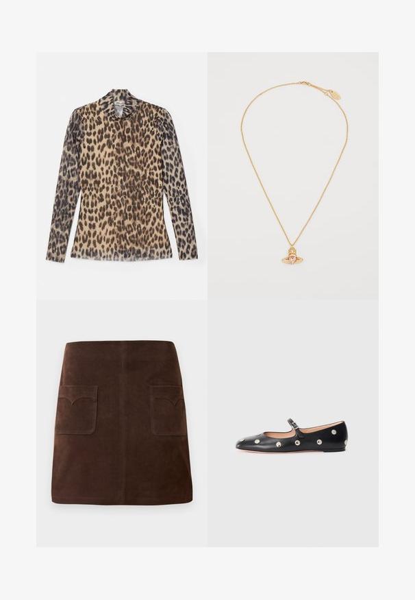 Top a maniche lunghe con stampa leopardata e scollatura rotonda, realizzato in un tessuto leggero con motivi beige e marroni.; Gonna in suede marrone con una classica forma a campana, due tasche frontali con alette arrotondate e dettagli di cucitura sottili.; Scarpa flat nera in pelle tipo Mary Jane con punta arrotondata, caratterizzata da borchie circolari argentate e una fascia regolabile con fibbia.; Collana in oro presenta un ciondolo a forma di cuore con una pietra rosa e un design geometrico, arricchito da piccoli dettagli trasparenti.
