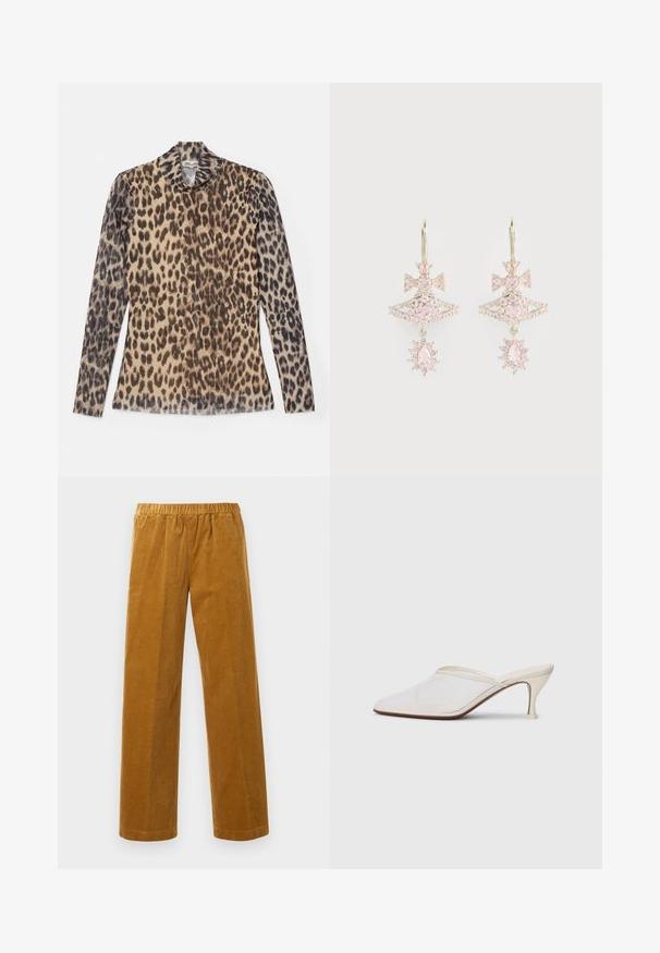 Langærmet top med leopardprint og rund hals, lavet af et let stof med beige og brune mønstre.; Elastisk talje, lige ben, kordfløjl bukser i sennep brun med lodret ribbet tekstur, præsenteret mod en ensfarvet hvid baggrund.; Hvide mesh spidse mule-sko med en slank hæl i mellem højde og slip-on design mod en ensfarvet baggrund.; Rosa smykkesten øreringe med en buebue-design, der har en lagdelt struktur og funklende detaljer; metalhardware har en poleret finish.
