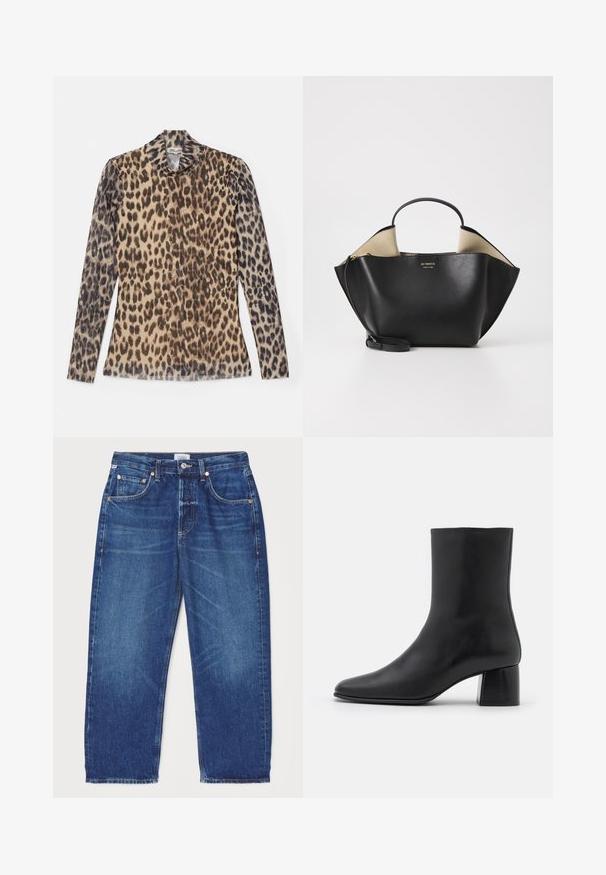 Top a maniche lunghe con stampa leopardata e scollatura rotonda, realizzato in un tessuto leggero con motivi beige e marroni.; Citizens of Humanity DAHLIA IN CLAREMONT - Jeans baggy - dark-blue denim; Stivali ankle in pelle nera con punta affusolata e tacco quadrato grosso. Texture liscia con un design senza cuciture e cuciture minimaliste.; Ree Projects ANN TOTE MINI - Borsa a mano - black