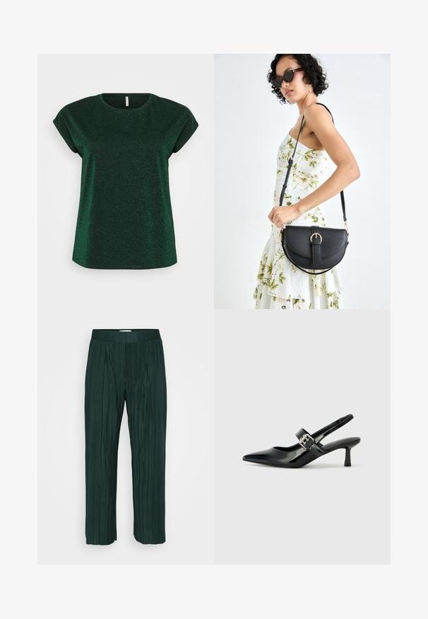 Žalias trumpų rankovių marškinėliai su laisvu siluetu. Pagaminti iš audinio su žvilgančia tekstūra, turi apvalią iškirptę ir susukamas rankoves.; Tamsiai žali pločio kojų klostuoti kelnių su elastine juostele, eksponuojami prieš paprastą baltą foną.; Juodai lakuoti slingback aukštakulniai su smailiu kojų pirštu ir mažais blokiniais kulniukais, su sidabro sagtimi ant dirželio.; Juodas odinis krepšys su išlenkta forma, nuimamu dirželiu ir auksiniais detalėmis. Krepšys turi kilpą su sagtimi.