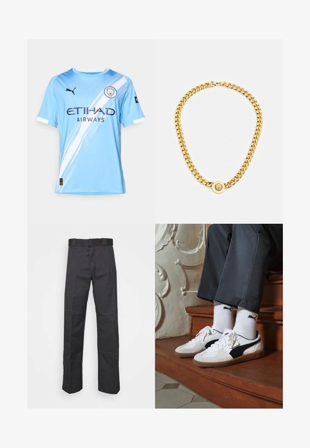 Svetlo modra kratka nogometna majica s sivino bela diagonalna črta, črni logo Puma, "ETIHAD AIRWAYS" natisnjeno v temno modri barvi in klubskim grbom.; Črne hlače iz trpežnega blaga, z ravnim krojem, pasom z zankami za pas in šivi za dodano teksturo.; Puma superge v beli in črni usnjeni izvedbi, sročene s rjavim gumijastim podplatom. Usklajene z belimi nogavicami z črnim logotipom, nosijo se s temnimi hlačami.; Zlata verižica z velikimi medsebojnimi povezavami, ki ima v središču krožni obesek z izbočenim grbom.