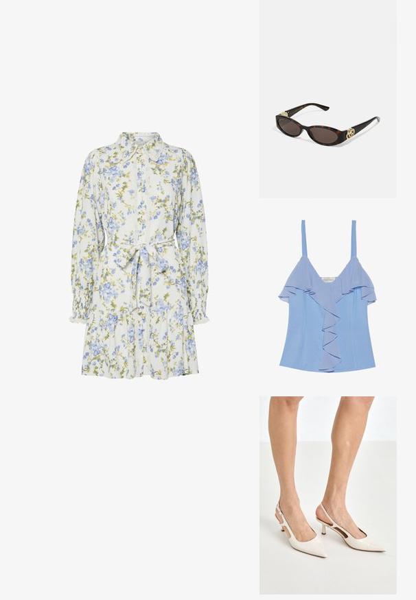 Lyseblå ærmeløs top med lagdelte flæse detaljer foran og en glat tekstur. Har tynde stropper og en tætsiddende silhuet.; Blomsterkjole i hvid med blå og grønne blomster, med krave, knaplukning foran, lange ærmer med elastiske manchetter og et bånd i taljen.; Beige patenterede læder slingback hæle med spids tå og 5 cm hæl, med udskårne sider og en tynd ankelrem.; Skildpaddemønster solbriller med aflange ovale linser, brun farve, guldlogo accenter på stængerne og slanke sorte arme.; Beige mønsteret taske med en buet form, læderdetaljer og et guldtonet logo på fronten. Har et kort håndtag for nem bæring.; Perle- og krystalhalskæde med et rundt, perlekantet design i lyse nuancer, der præsenterer skiftevis perler og glitrende detaljer, båret om halsen.