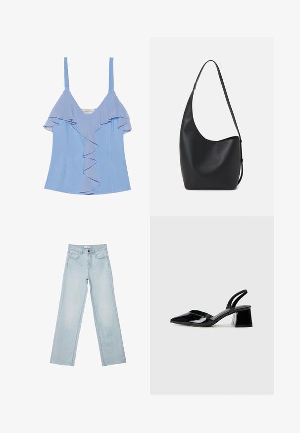 Svetlo modra brezrokavna majica z večplastnimi volančki spredaj in gladko teksturo. Ima tanke naramnice in prilegajočo silhueto.; Svetlo modri široki kavbojke izdenima. Imajo pet žepov, gumbasto zaponko in zbledela podrobnost. Klasičen naravnost kroj s prostornim prileganjem.; Črne lakirane slingback pete s koničastim nosom in geometrijsko blokasto peto. Imajo eleganten, minimalističen dizajn in gladko teksturo.; Črna usnjena hobo torba z gladko teksturo, ukrivljeno obliko in eno nastavljivo naramnico; ima širok odprtina na vrhu.