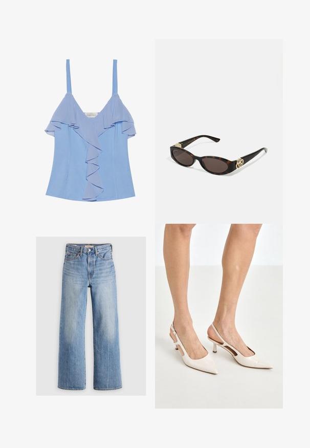 Gaiši zils bezpiedurkņu tops ar slāņotu volānu detaļu gar priekšpusi un gludu tekstūru. Ievērojams ar plānām siksnām un pieguļošu siluetu.; Gaiši zili denima plati kāju džinsi ar augstu jostasvietu, izbalējušām vietām, piecām kabatām un kontrastējošiem šuvumiem. Klasiska pogas un rāvējslēdzēja aizdare.; Beidzējo oriģinālo bežējo lakotā ādas kurpju papēžus ar norādītu degunu un 5 cm papēdi, kas iekļauj izgrieztās sānu daļas un plānu potītes siksniņu.; Tīģerbrūnā sauļošanās brillēm ar izstieptām ovālām lēcām, brūnu tonējumu, zeltītiem logotipa akcentiem uz tempļiem un plānām melnām kājām.; Loka krēmīgi ādas rokassoma ar vienu siksnu, zeltītām detaļām un diskrētu zīmolu apakšā. Rāvējslēdzēja aizdare gar augšējo malas.