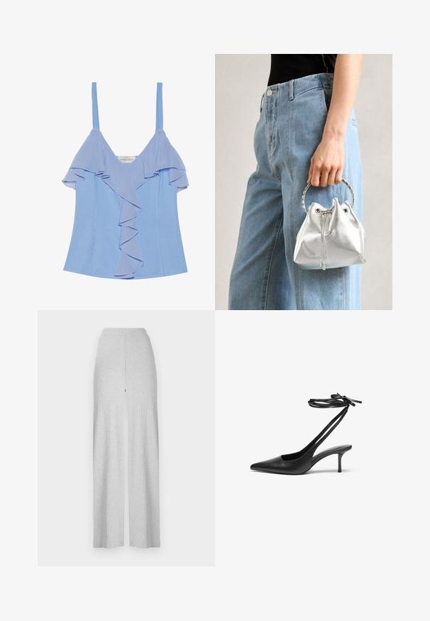 Hele sinine ilma varrukateta pluus, mille esiosas on kihilised trupikudetailid ja sile tekstuur. Omab õhukesi sääreid ning sobib tihedalt.; Heledad hallhalli ribatatud lai jalataskud kõrge vöökoht ja ees olev lõhe. Valmistatud pehmest kangast, millel on sile tekstuur.; Must musta stiletto kingad terava ninaga, avatud seljaosa ja pahkluu rihmadega, mis on seotud kaareks. Kitsa 3-tollise kontsaga. Sile tekstuur, minimalistlik disain.; Metallik hõbedane ämbritask, millel on tekstuurne viimistlus, kaunistatud hõbeda ümmarguse käepideme ja tõmbluku sulgemisega, hoituna helesiniste teksade vastu.