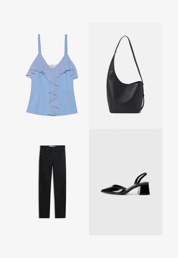 Himmelblaues ärmelloses Top mit geschichteten Rüschendetails an der Front und einer glatten Textur. Verfügt über dünne Träger und eine figurbetonte Silhouette.; Schwarze Jeans mit geradem Bein, fünf Taschen, Metallknopfverschluss und dezenten Nähten. Glatte Textur.; Schwarze Lackleder-Slingback-High Heels mit spitzem Schuh und einem geometrischen Blockabsatz. Verfügt über ein schlankes, minimalistisches Design und eine glatte Textur.; Schwarze Leder-Hobo-Tasche mit einer glatten Textur, geschwungener Form und einem einzelnen verstellbaren Tragegurt; verfügt über eine weite Öffnung am oberen Ende.