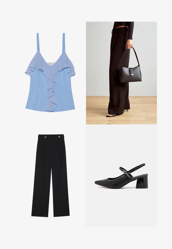 Lyseblå ærmeløs top med lagdelte flæse detaljer foran og en glat tekstur. Har tynde stropper og en tætsiddende silhuet.; Sorte vide bukser med høj talje, knapdetaljer på taljebåndet og frontfald.; Sorte patentlæder slingback hæle med spids tå, rund udskæring og blokhæl. Har en guldtonet spændeaccents.; Sort håndtaske med struktureret form, glat overflade og metalspænde. Sammen med brede sorte bukser og sandaler med åben tå på trægulv.
