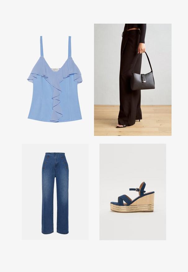 Světle modrý top bez rukávů se zvrásněným lemem podél přední části a hladkou texturou. Má tenké ramínka a přiléhavý střih.; Džínové kalhoty s vysokým pasem v středně modré barvě. Obsahují dekorativní přední knoflíky a široké nohavice. Materiál má hladkou texturu s mírným vyblednutím.; Námořnické modré sandály na vyšším podpatku s kříženými pásky, texturovanou platformou z přírodních vláken a zlatým metalickým akcentem na spodní části.; Černá kabelka se strukturovaným tvarem, hladkým povrchem a kovovým uzávěrem. Kombinována s širokými černými kalhotami a sandály s otevřenou špičkou na dřevěné podlaze.
