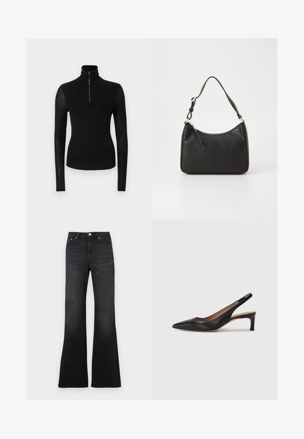 Schwarzes, tailliertes Langarmshirt mit hohem Kragen und halber Reißverschlussfront auf weißem Hintergrund.; Schwarze Jeans mit ausgestelltem Bein aus Denim-Stoff, mit hoher Taille, Fünf-Taschen-Design und leichtem Ausbleichen zum Saum der Beine hin.; Schwarze Leder-Slingback-Pumps mit spitzer Zehenform, niedrigem Absatz und glatter Textur. Verfügt über einen dünnen, verstellbaren Riemen für einen sicheren Sitz.; Schwarze Lederhandtasche mit geschwungener Form, einem einzigen Tragegurt, Reißverschlussverschluss und dezentem Branding auf der Vorderseite. Glatte Textur, minimalistisches Design.