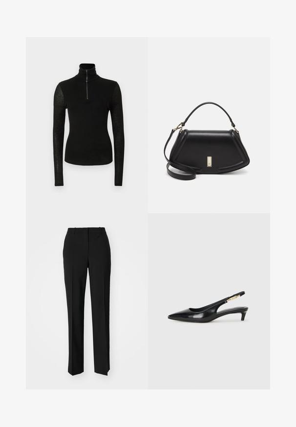 Fekete, testhezálló, hosszú ujjú póló magas gallérral és félig cipzáros elejével, egyszínű fehér háttéren.; Fekete, testhezálló nadrág egyenes szárú kivitelben, sima textúrával és éles redőkkel az elején. Nincs látható fémalkatrész.; Fekete bőr slingback magassarkúk, hegyes orral, vékony sarkakkal és arany színű részlettel a állítható pánton. Simа felület.; Fekete bőr kézitáska, strukturált dizájnnal, rövidített formával, felső fogantyúval és arany színű kiegészítőkkel. Állítható vállpánt is tartozik hozzá.
