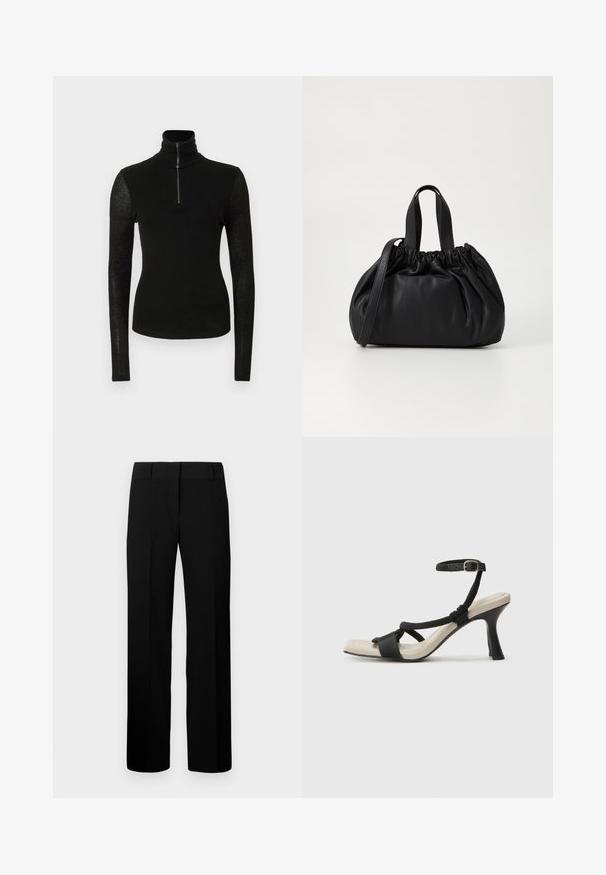 Crna majica dugih rukava, uskog kroja, s visokim ovratnikom i prednjim zatvaračem na pola. Pozadina je jednostavna i bijela.; Crne široke hlače s glatkom teksturom, ravnim pojasom i bez vidljivih uzoraka ili ukrasa.; Crne sandale na visokom potpetici s dizajnom pletenih trakica, kvadratnim vrhom i podešivom trakicom oko gležnja. Svijetlosmeđi ulošci s sjajnim crnim potpeticama.; Crna kožna torba s nabranim dizajnom na vrhu, s dva kratka ručka i dugim podesivim remenom. Glatka tekstura, zaobljen oblik.