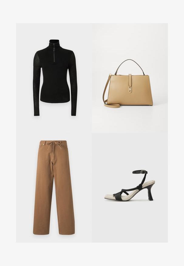 Črna prilegajoča se majica z dolgimi rokavi in visokim ovratnikom ter polovičnim zadrgo spredaj na preprostem belem ozadju.; Rjave hlače širokega kroja, izdelane iz bombaža, z elastičnim pasom na vrvico in dvema sprednjima žepoma. Tekstura blaga z gladko površino.; Črne sandale na visoki peti z prepletenim trakom, kvadratnim nosom in nastavljivim gležnjenjem. Svetlo bež podplat z sijajno črno peto.; Tommy Hilfiger LIBRE SATCHEL - Torbica - safari